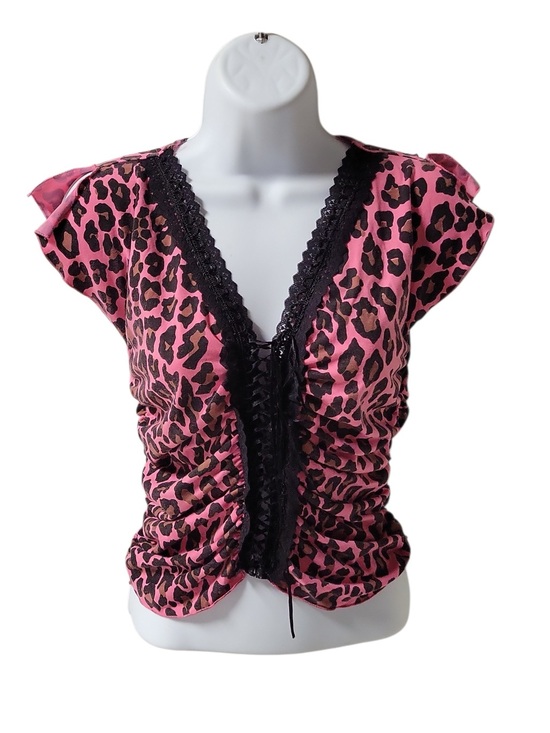 None Tops - Y2K Retro Pink Lace Leopard Print- Short Sleeve Crop Top Women's Size Small